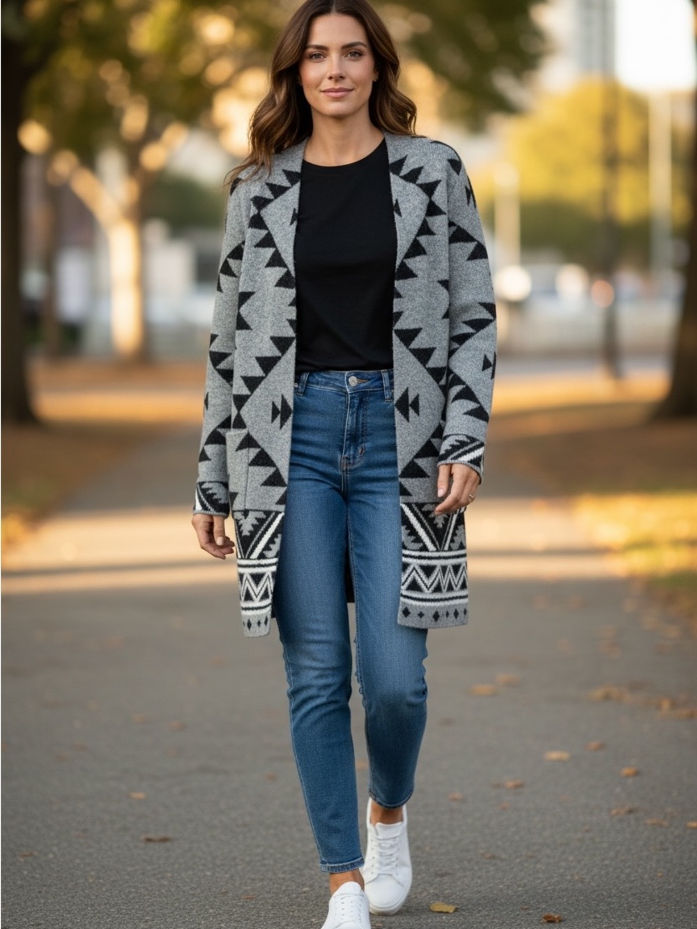 FRYE Southwestern Aztec Open Front Cardigan Sweater Gray Black | Size M